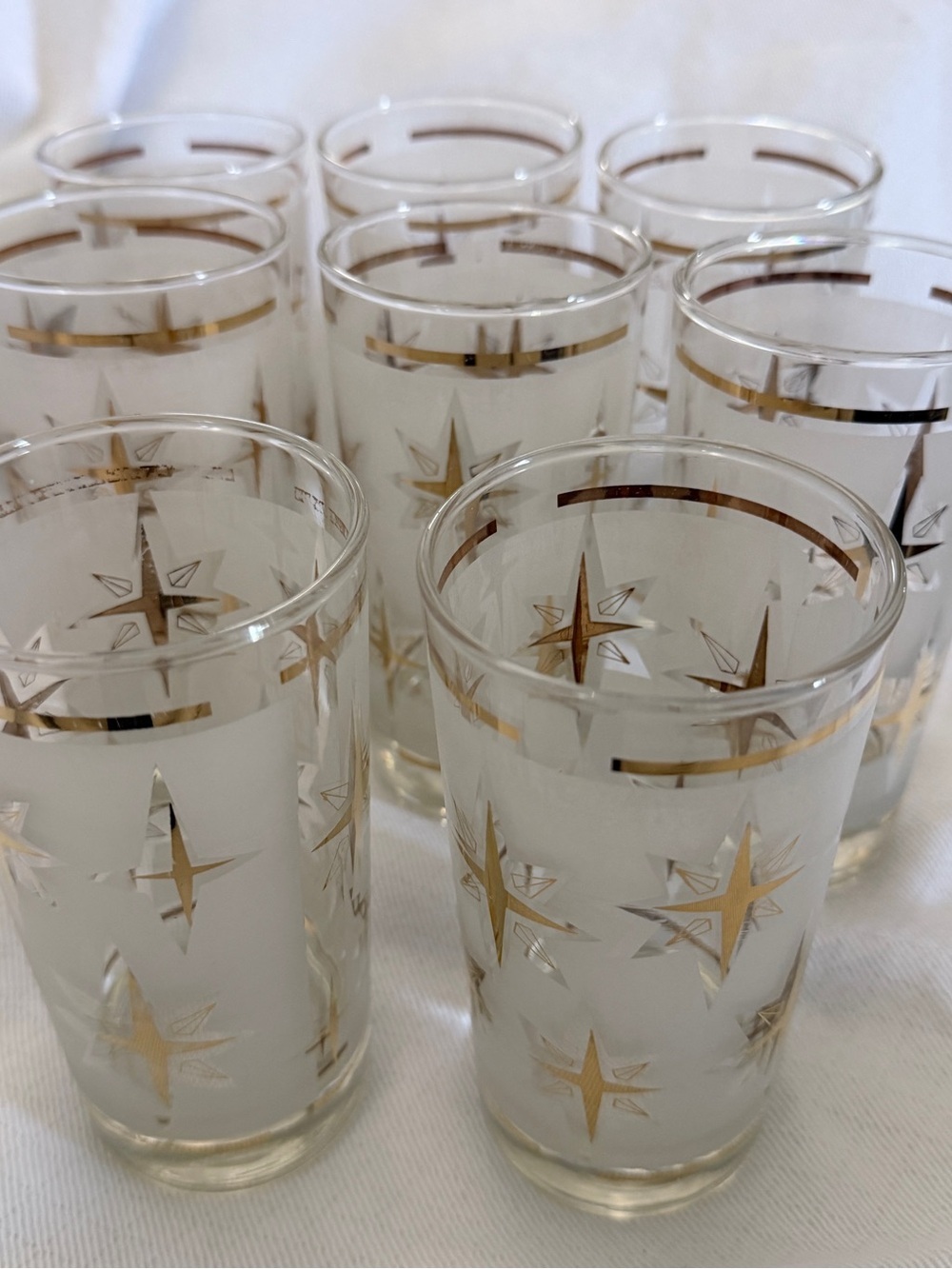 Vintage MCM Atomic Starburst Glasses Frosted Gold Set of 8 Highball Tumblers